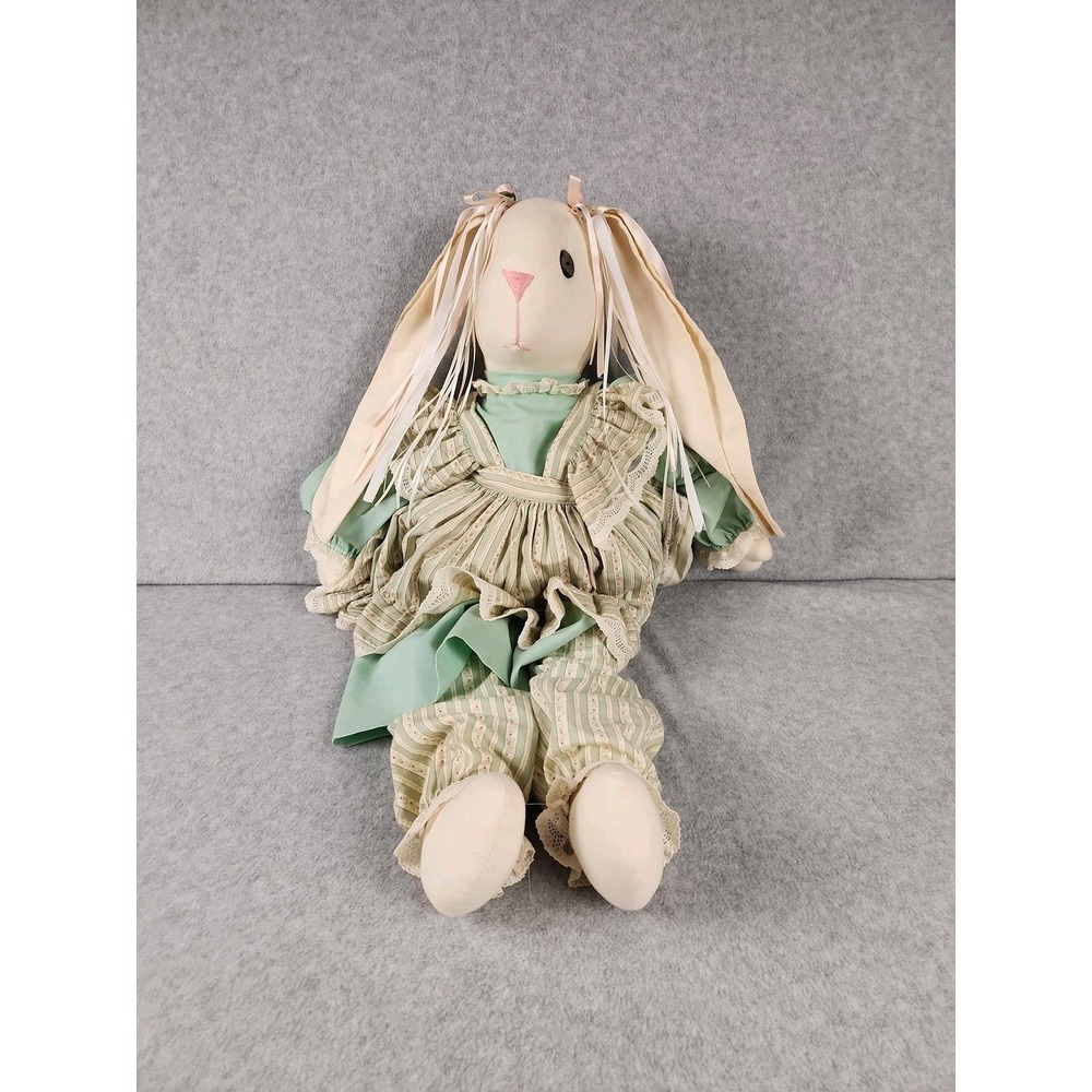 Handmade Cloth Bunny Rabbit Doll Long Ears Dress Lace Button Eyes Large Ruffles